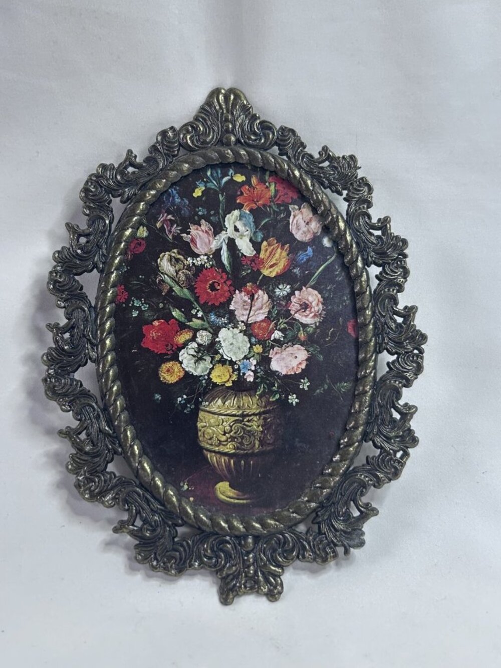 Vintage Italian Ornate Brass Oval Floral Wall Plaque, Made in Italy